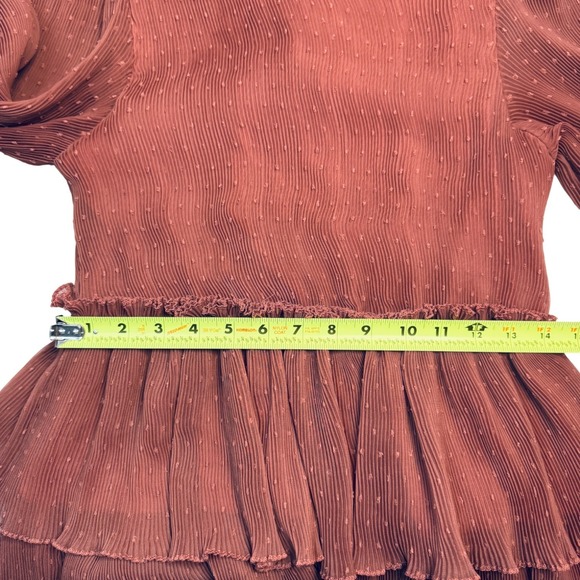 English Factory Pleated Tiered Midi Dress Mauve Puff Sleeve Ruffle Sz M Peasant - Picture 14 of 16
